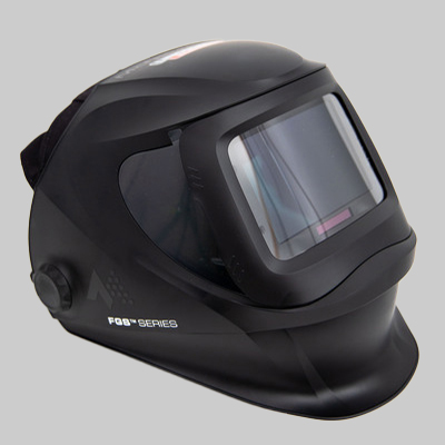 Sleek McNICHOLS branded welding helmet, featuring black hood and a tinted visor, displayed as the prize in a giveaway.