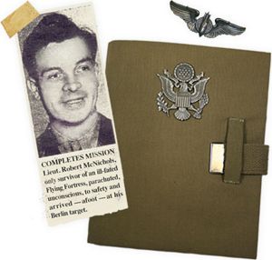 An image of young Robert L. McNichols in the newspaper next to an image if his P.O.W. journal.