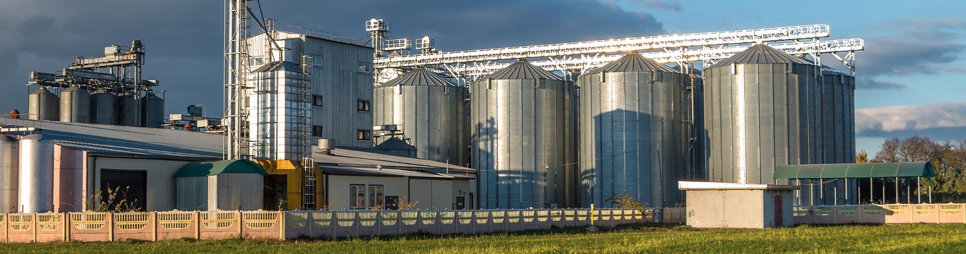 Grain silos lined up next to other agricultural equipment and buildings.
