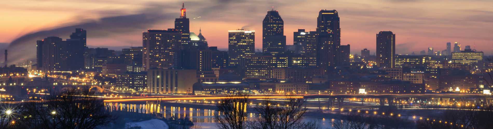 A skyline view of downtown Minneapolis.