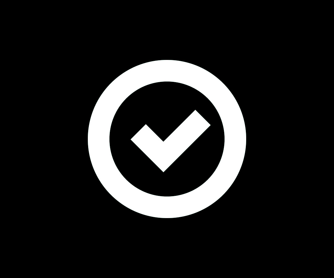 White check mark with a circle around it on a black background