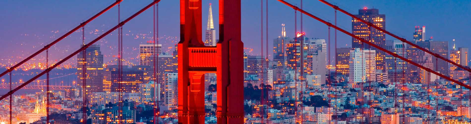 A skyline view of downtown San Francisco and the Golden Gate Bridge.