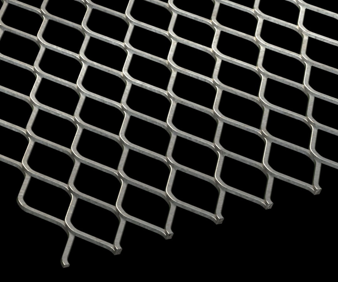 Stainless Steel Expanded Metal sheet on a black background.