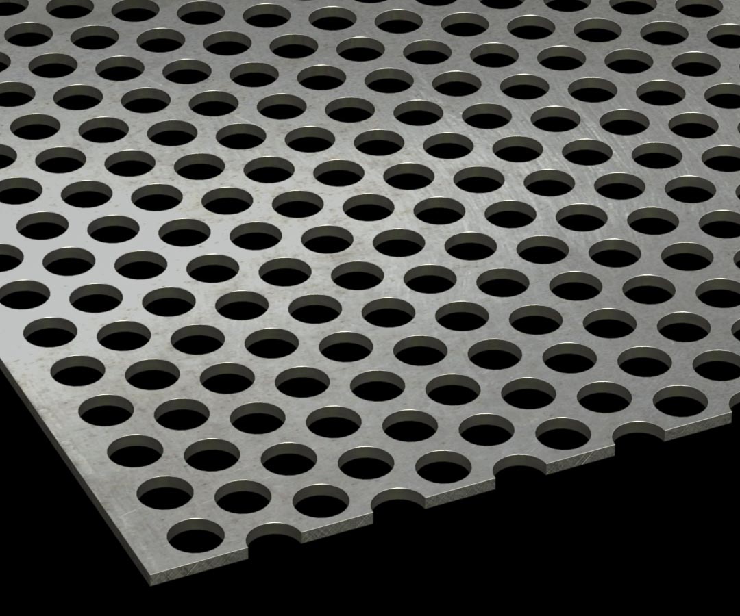 Stainless Steel Perforated Metal sheet on a black background.