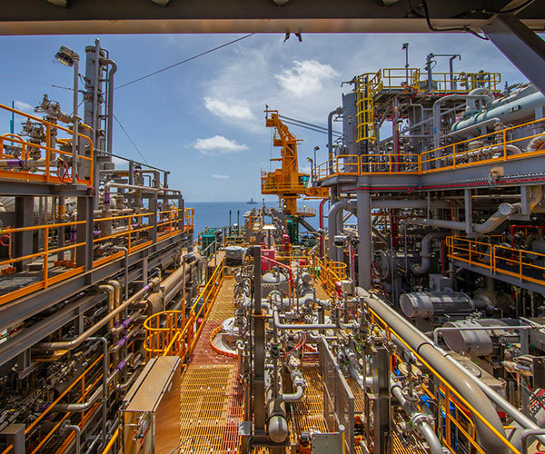 Overview image of a production deck onboard an offshore oil platform.
