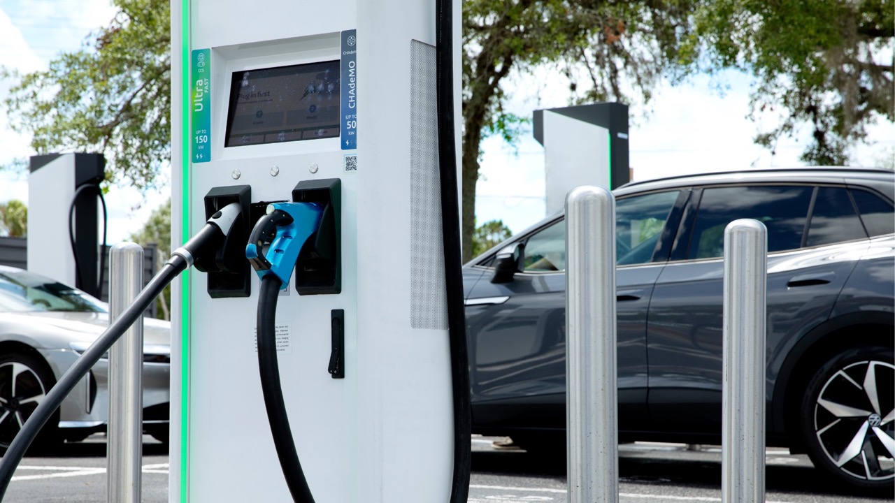 Zoomed out hero image of a charging station for an electric vehicle.