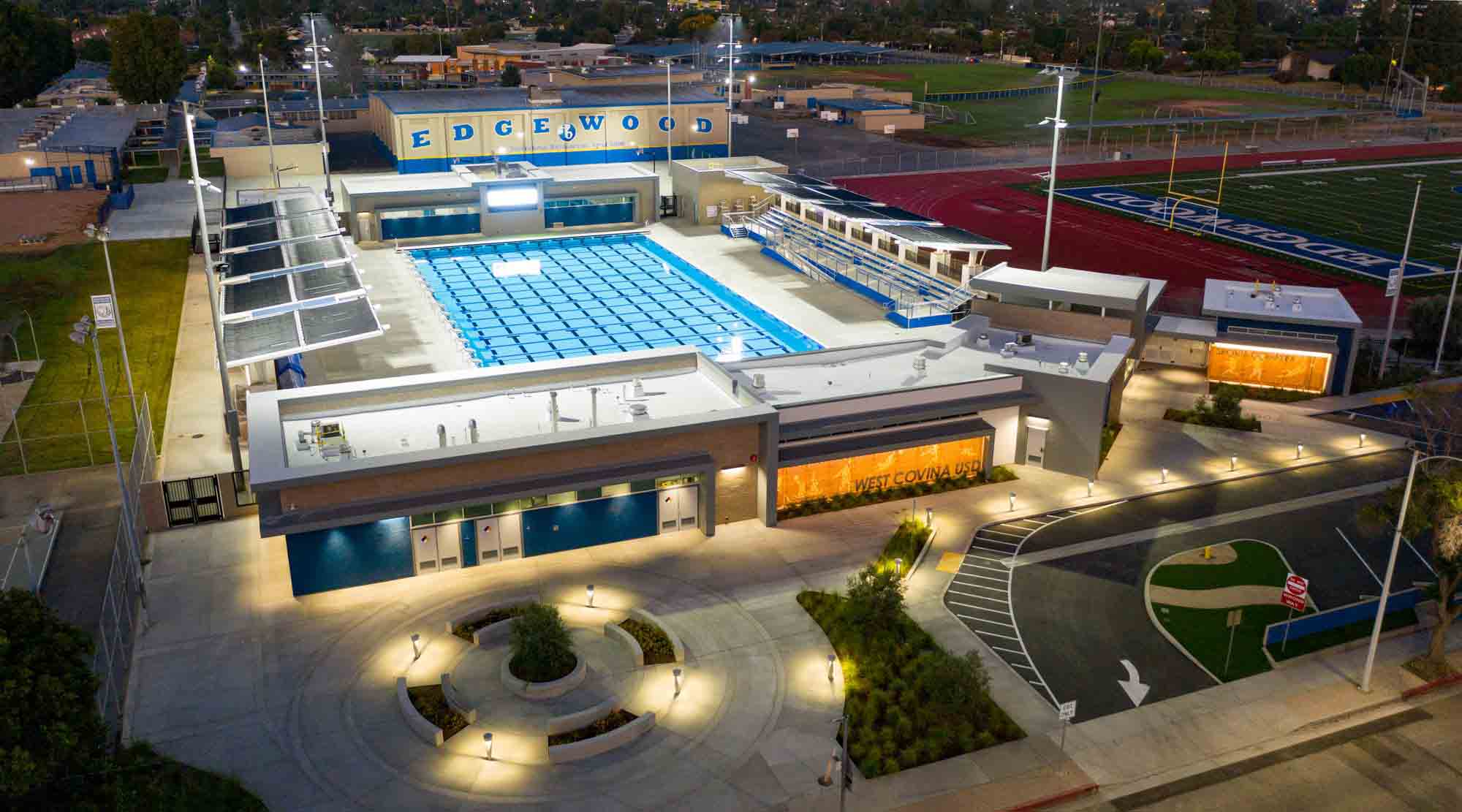 Overhead view of the swimming pool at the Aquatic Sports Complex in West Covina.