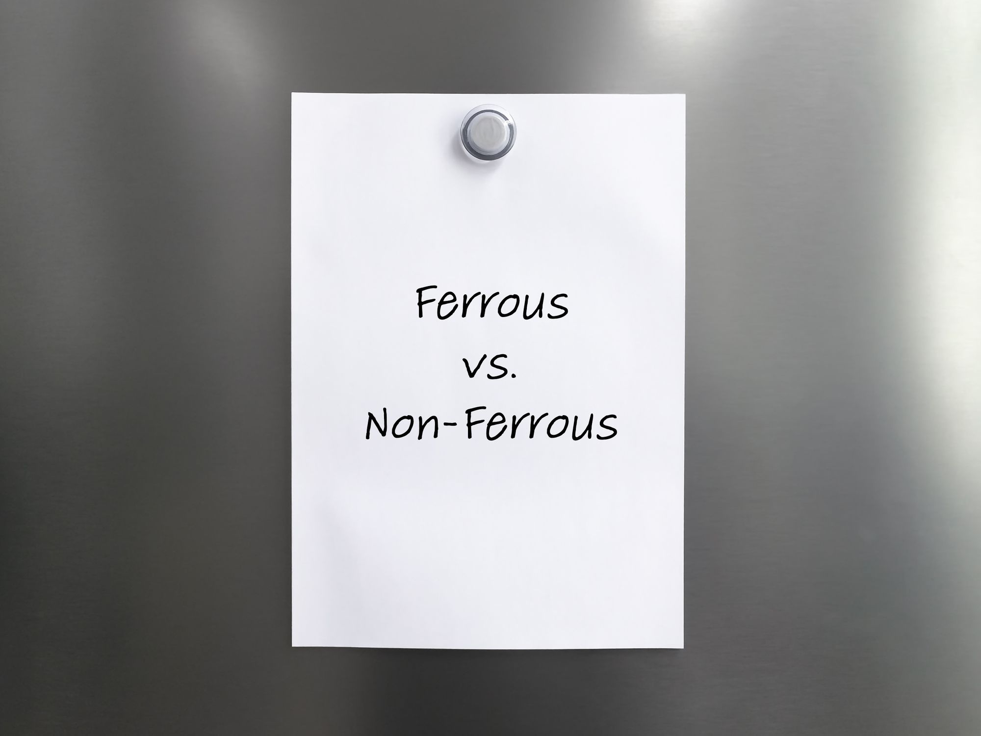 A piece of paper on a refrigerator door that says "Ferrous vs. Non-Ferrous".