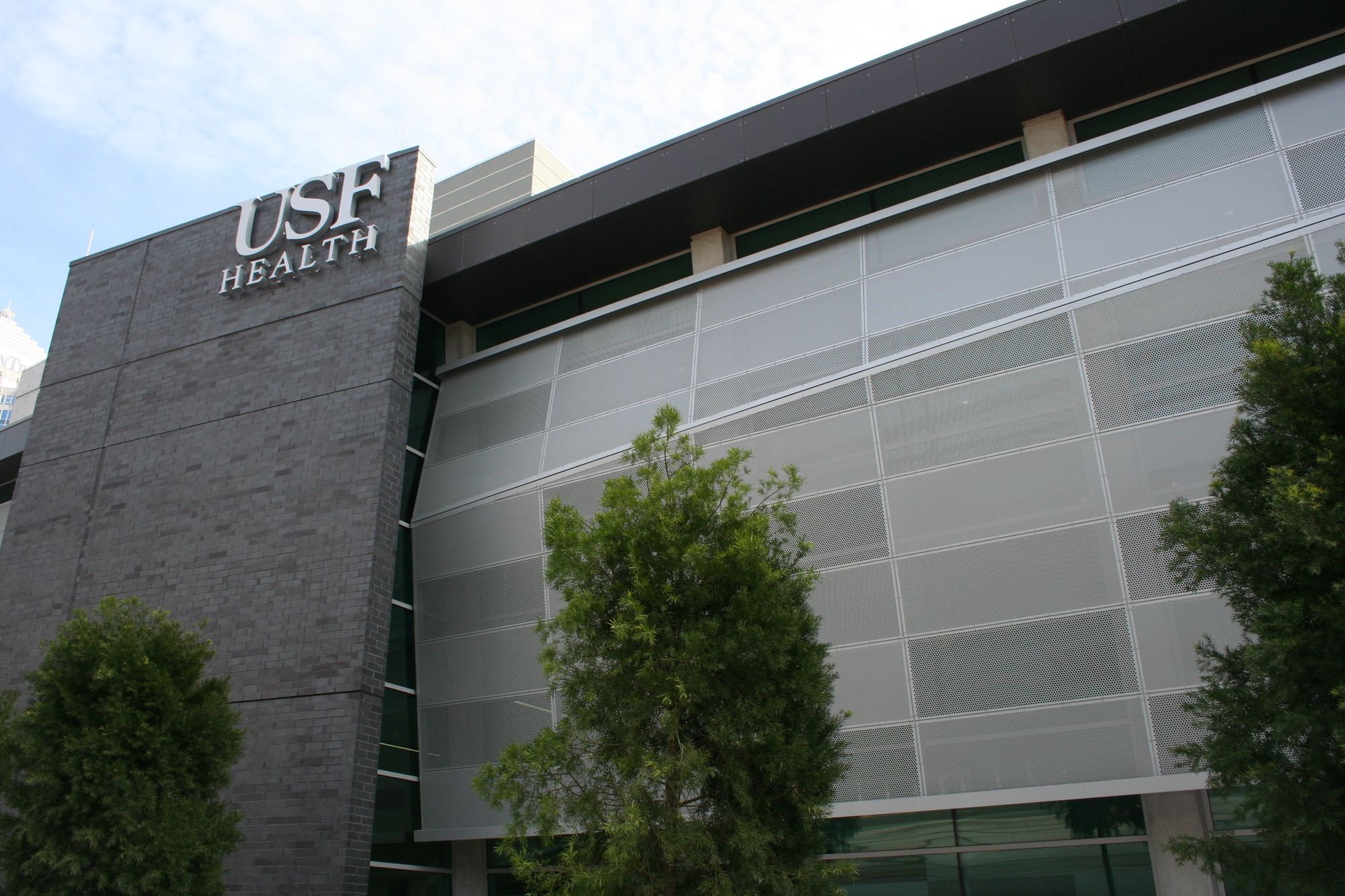 The USF Health building with Perforated Metal sunshade covers along the side.