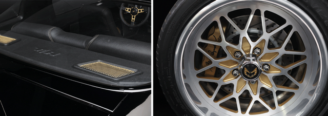 Two images showing the powder-coated Hexagonal Perforated Metal in gold and the wheels with gold accents.