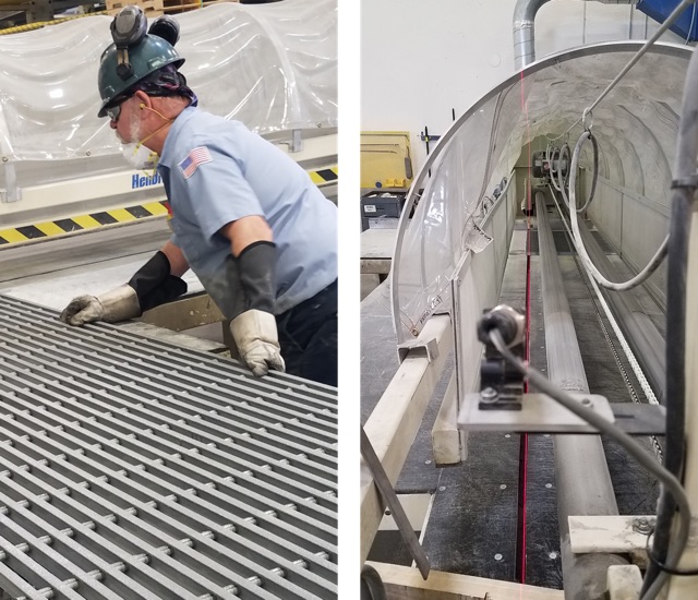 A fabricator getting ready to cut Fiberglass Grating and use a dust collection machine.