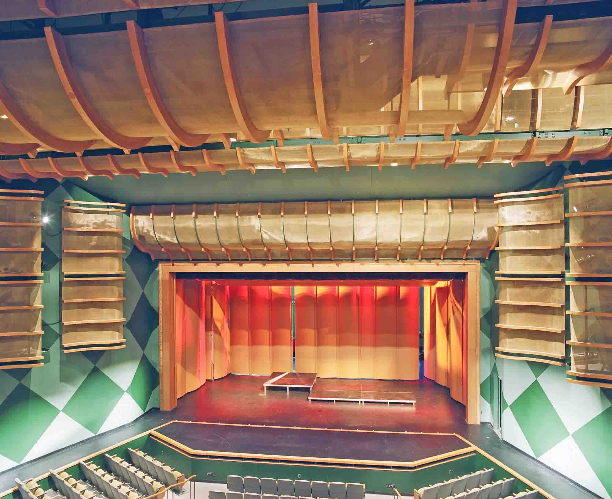 The center of Roosevelt High School Theater's main stage with seating up front.