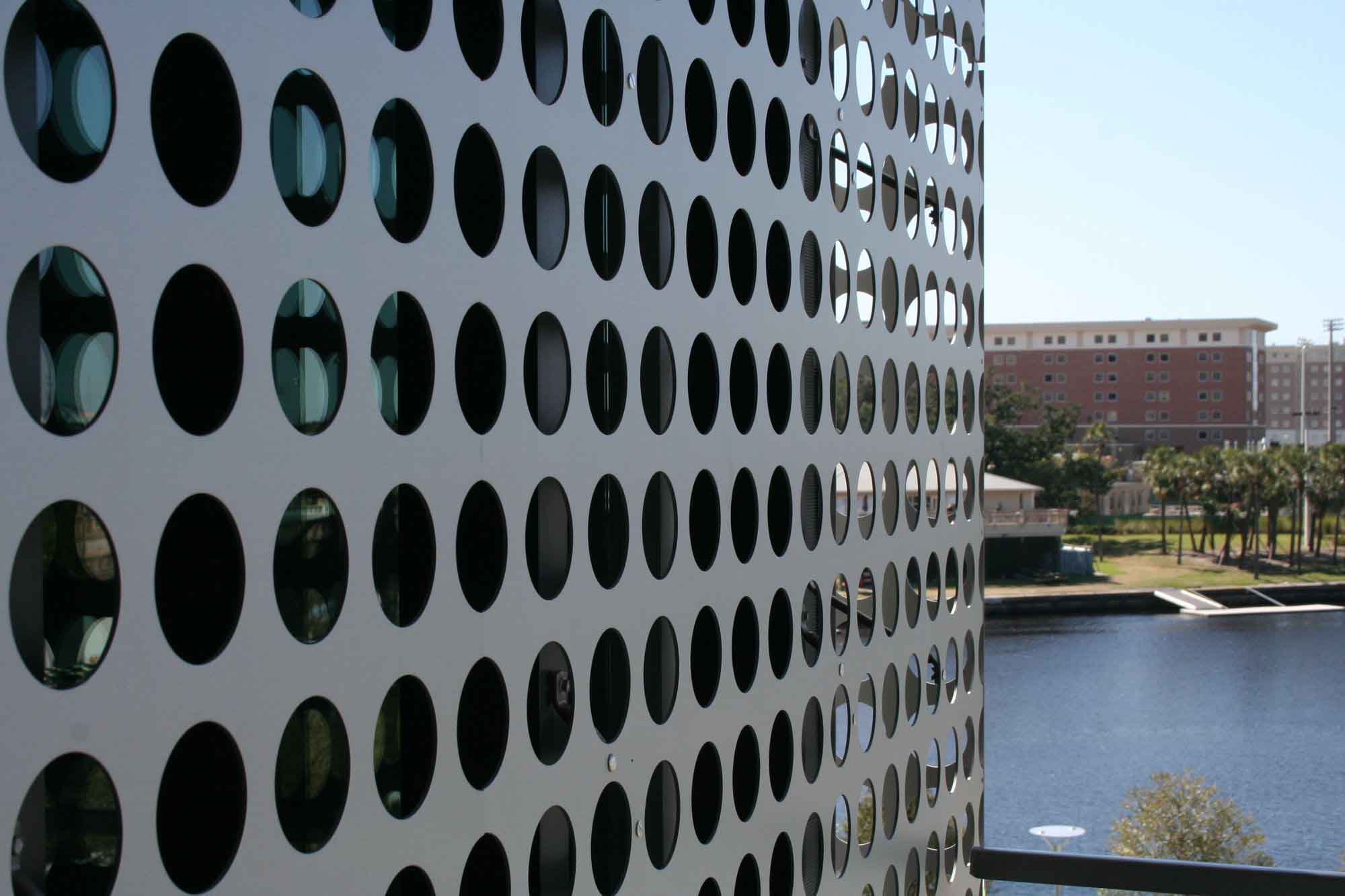 A zoomed-in photo of the Perforated Metal facade surrounding the Tampa Museum of Art.