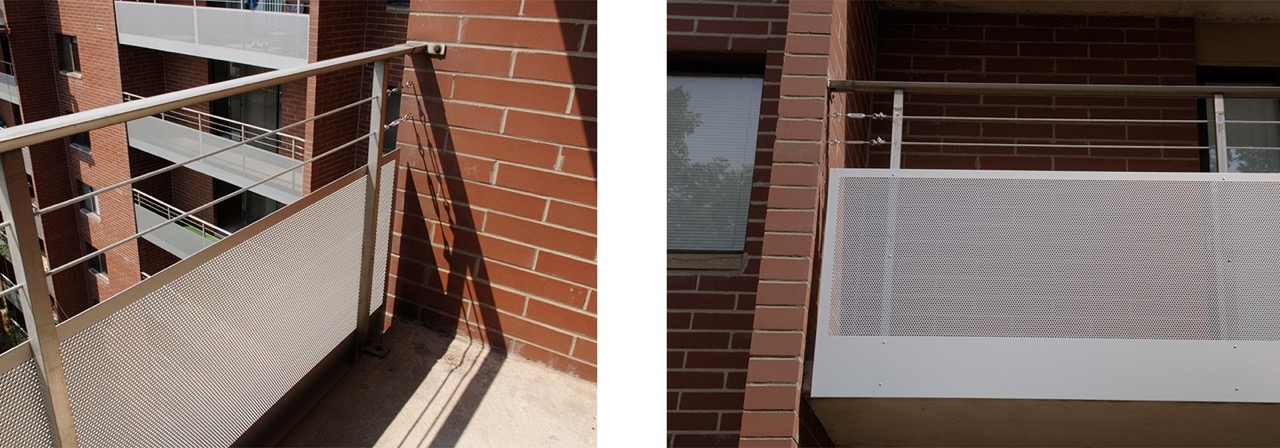 Aluminum Perforated Metal panels used on balconies of a brick apartment building.