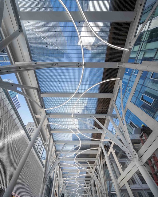 A picture from below looking up at Bar Grating ceilings for scaffoldings.