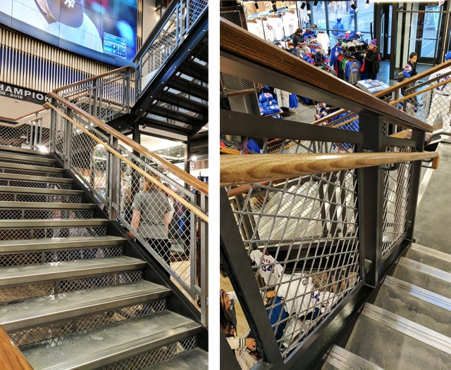 Two views of the staircase and infill panels inside the Chicago Cubs Team Store.