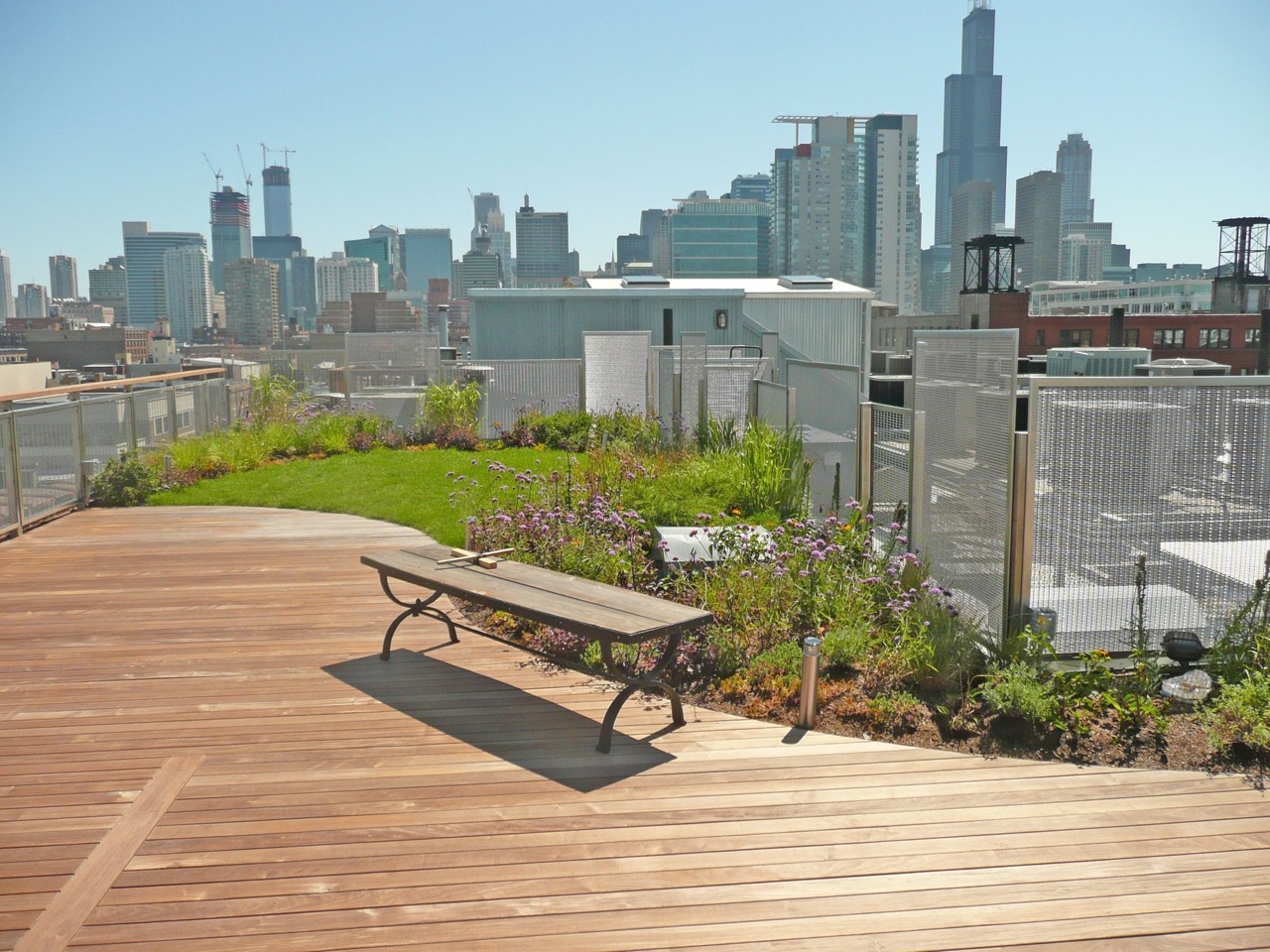 Designer Mesh Infill Panels used in a garden on top of a high-rise building near downtown Chicago.