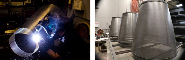 A picture of a welder fabricating the fixtures and another picture showing the finished product.