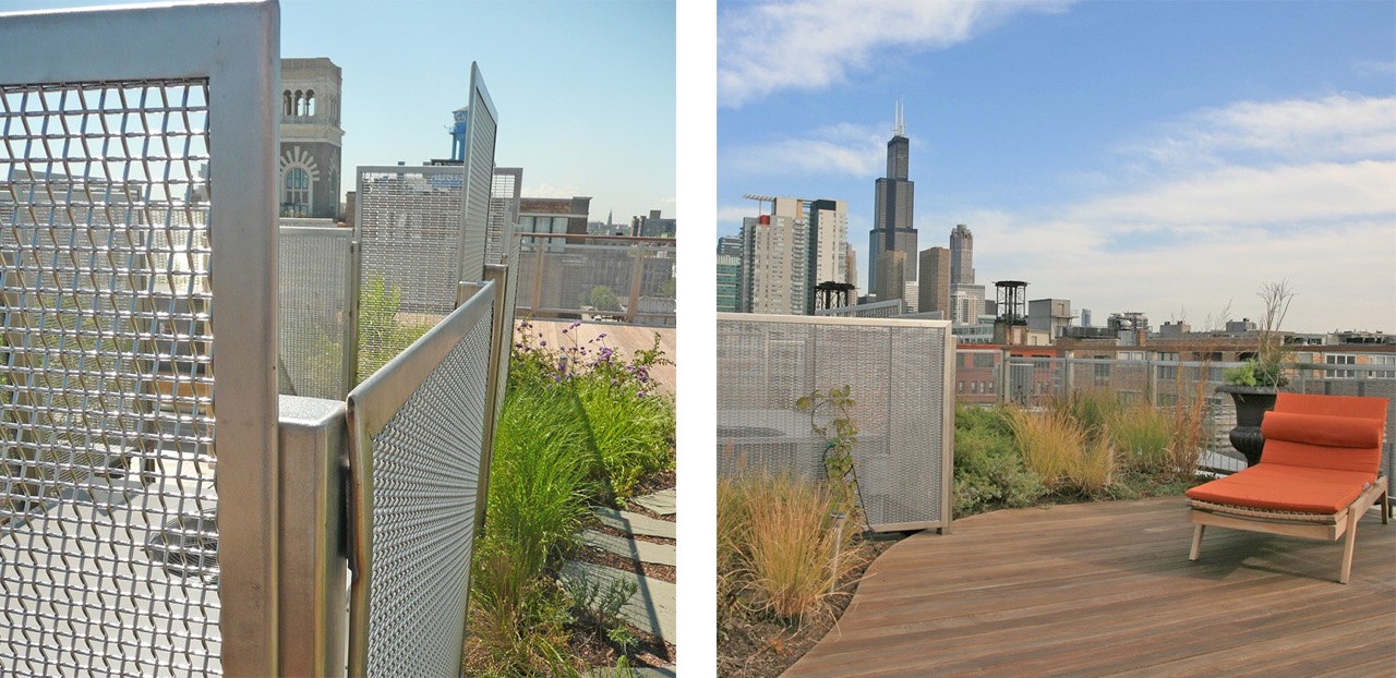 A Chicago high-rise rooftop garden decorated with Designer Wire Mesh.