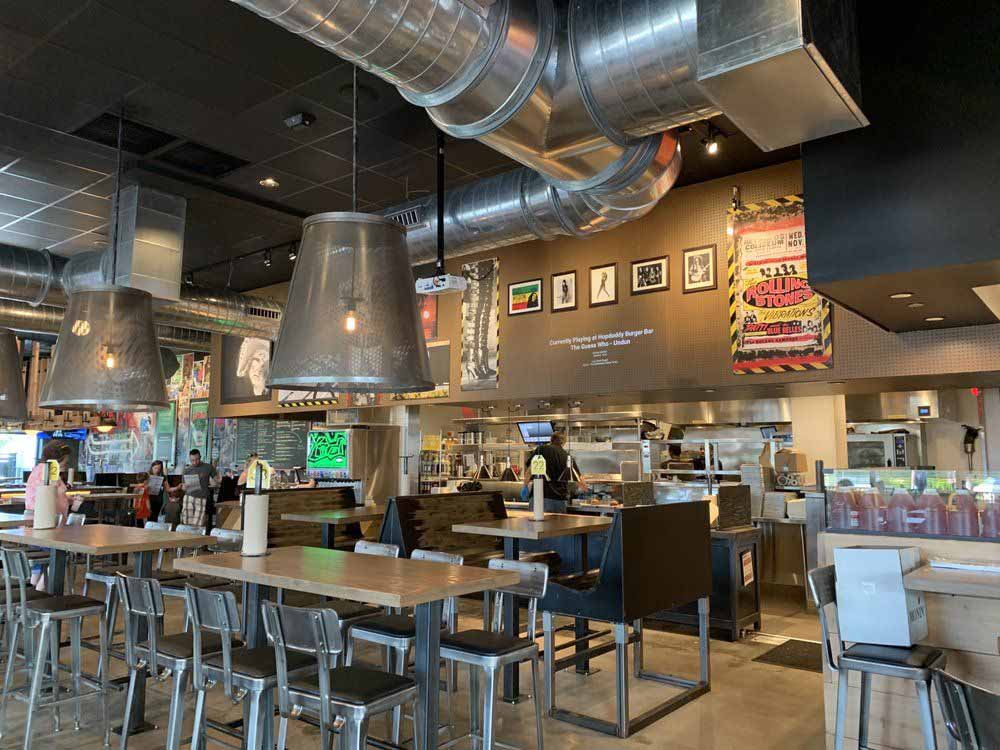 A picture from inside Hopdoddy that focused on the light fixtures after installation.