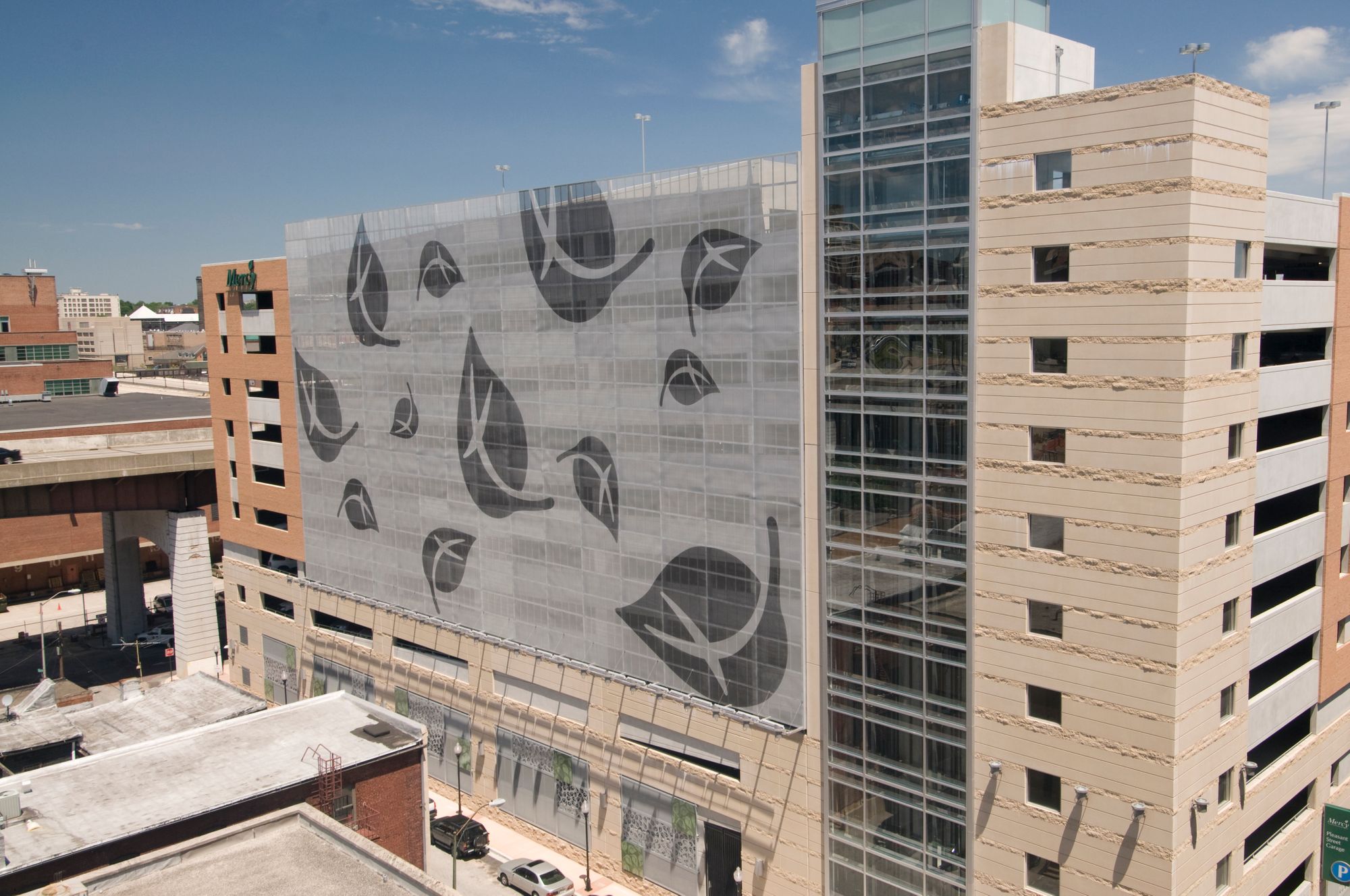 A wide view of the Mercy Medical Center parking garage.