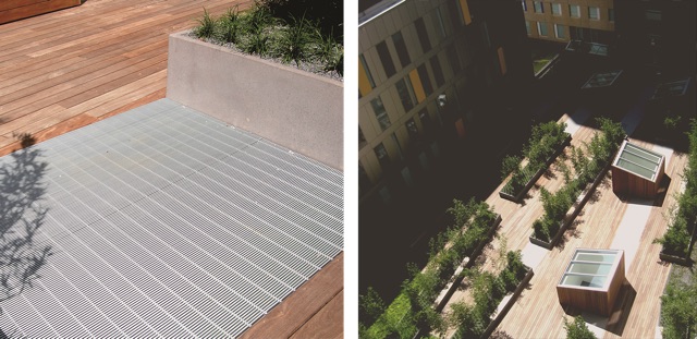 Pictures of Aluminum I-Bar Grating on a dormitory's rooftop terrace at Northeastern University.