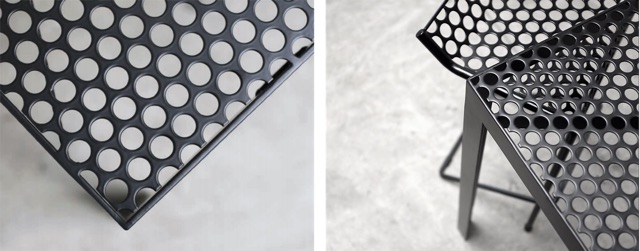 Close-up shots of RAD Furniture's Perforated Metal tables, painted black.
