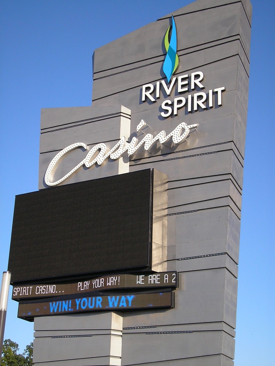 The River Spirit Casino sign. logo, and video board.