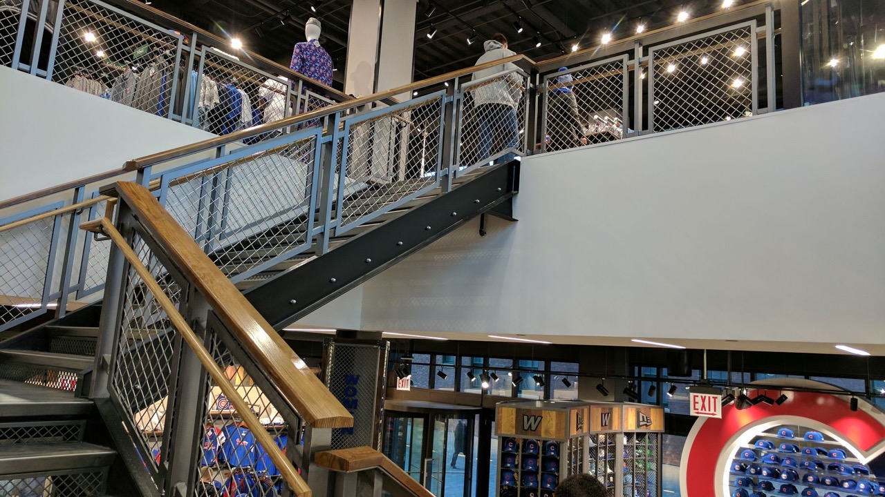 A picture of a staircase inside the Chicago Cubs Team Store at Wrigley Field.