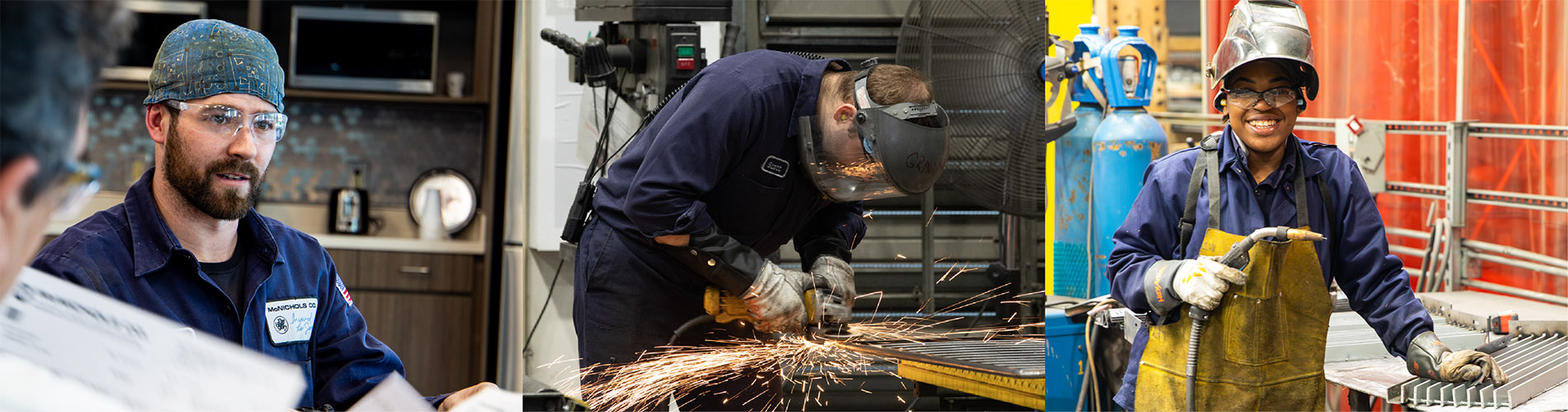 Three different images of employees working at McNICHOLS, in the office and in the warehouse.