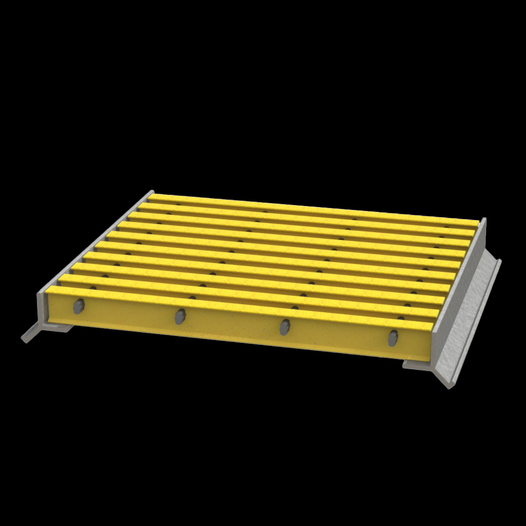 A rendering of Pultruded Fiberglass Grating with Fiberglass Embed Angles as support.
