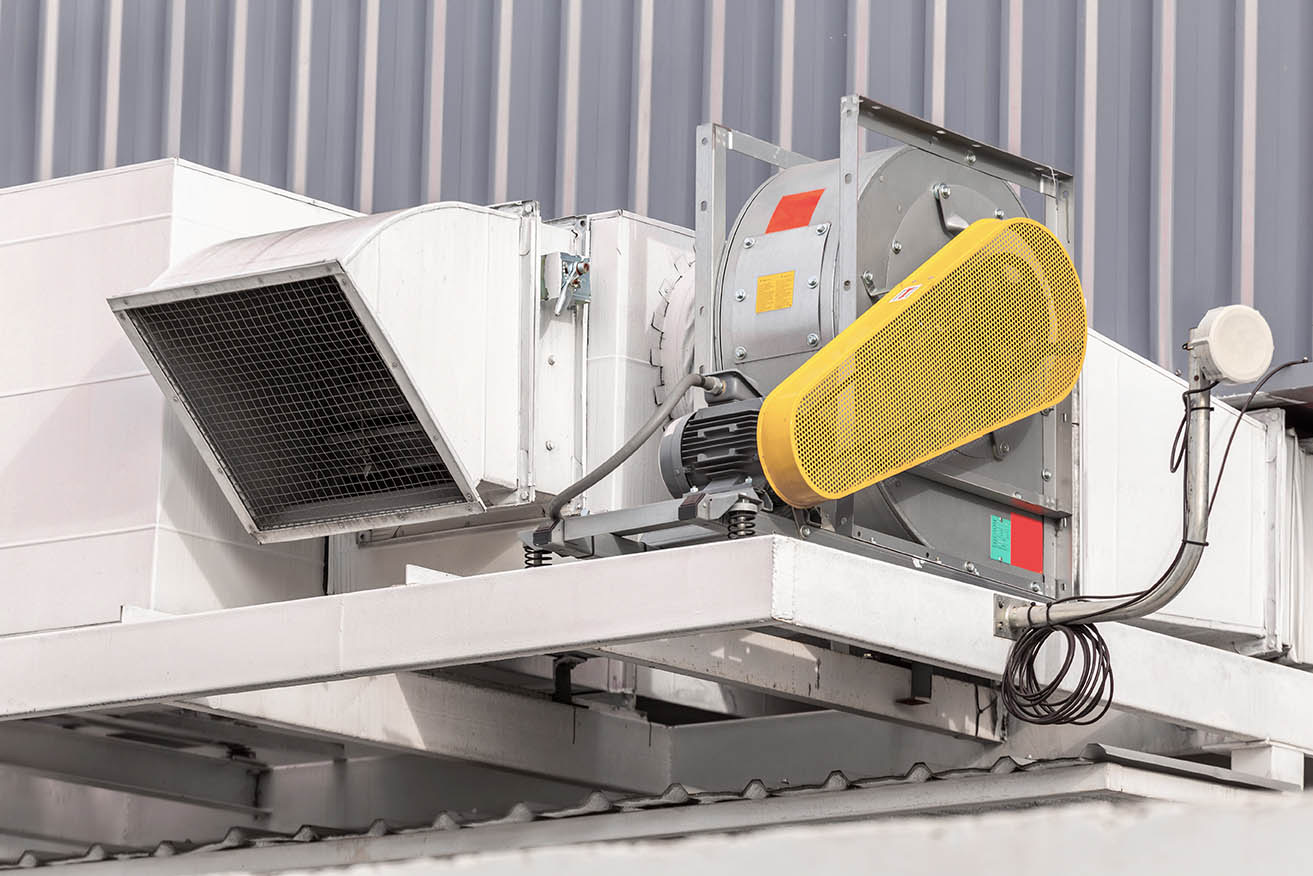 Industrial centrifugal fan and exhaust vents of industrial air conditioning in ventilation systems.