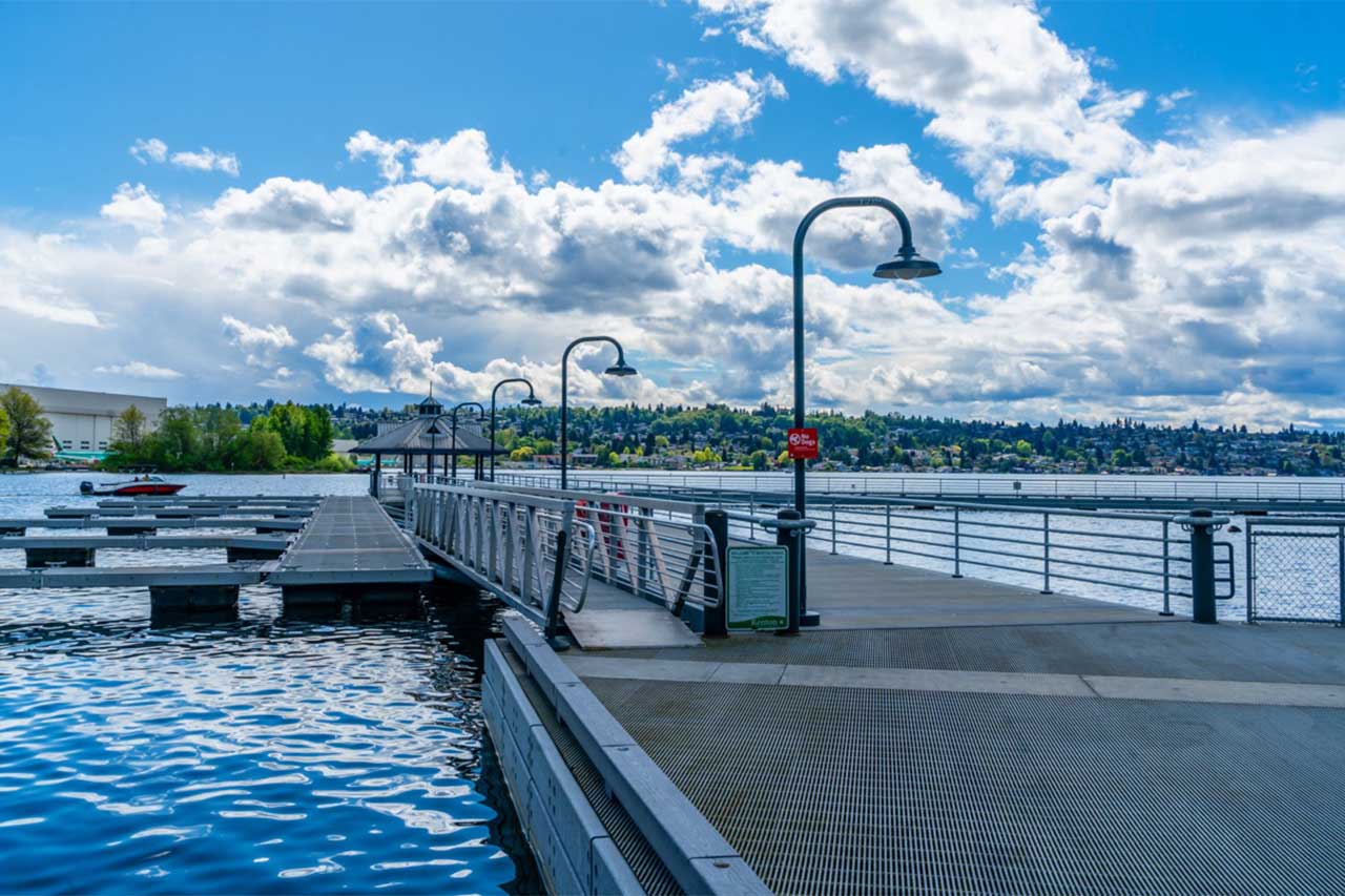 A dock with Fiberglass Grating walkways, metal railings, and overhead lamps extending over calm water. A marina with boats and a scenic shoreline is visible in the background.