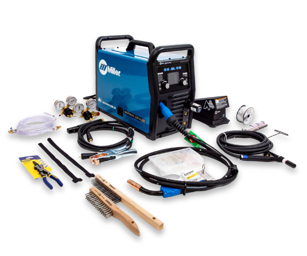An image of the Inspired to Weld Giveaway prize, a blue Miller Welding Machine, surrounded by its parts and accessories.