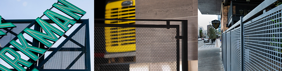 A hero image showing three different Perforated Metal Infill Panel applications.