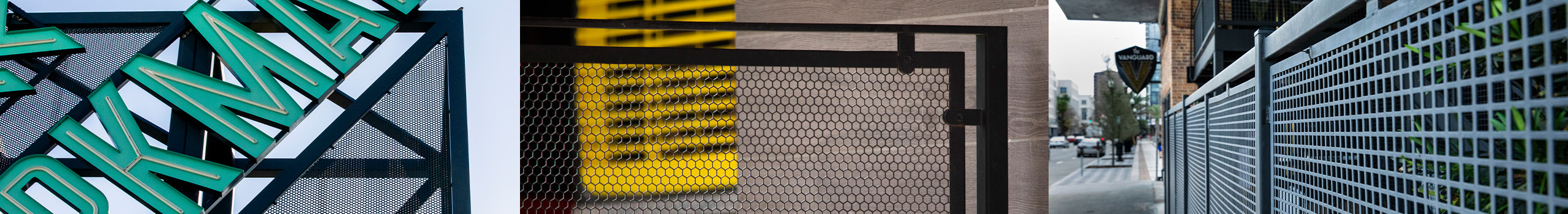 A hero image showing three different Perforated Metal Infill Panel applications.