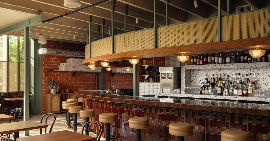 The hero image for a Case Study about Designer Perforated Metal used throughout Bambino Pizzeria in Austin, Texas.