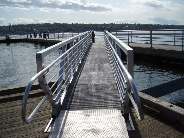 Pultruded Fiberglass Grating ramp over water.