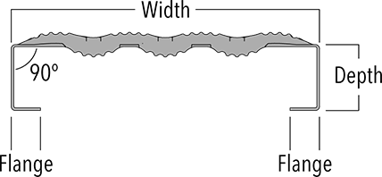 An end view diagram of Plank Grating, noting the width, depth, and flanges.
