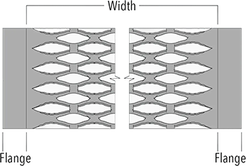 A surface view diagram of Walkway Plank Grating, noting the width and flanges.