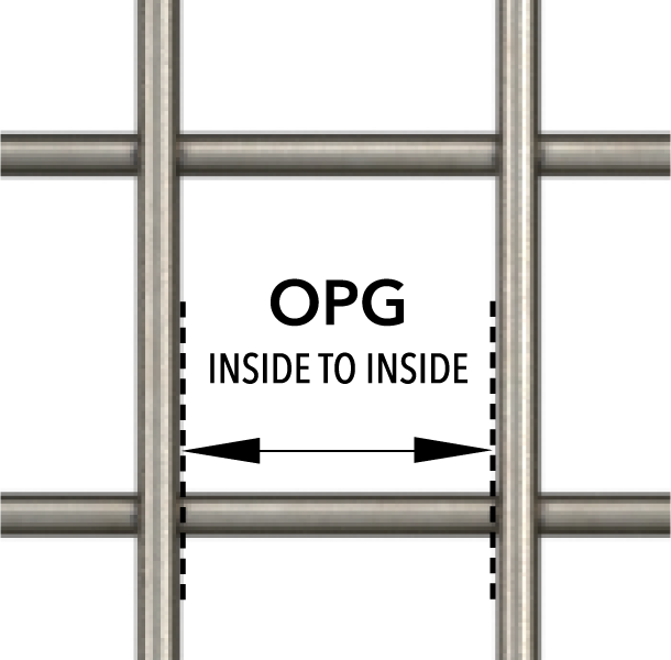 A diagram showing where to measure the opening size of Wire Mesh, pointing to the inside of one wire to the inside of another wire.