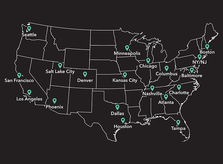 A map of the United States, highlighting the 19 McNICHOLS® Metals Service Centers across the country.
