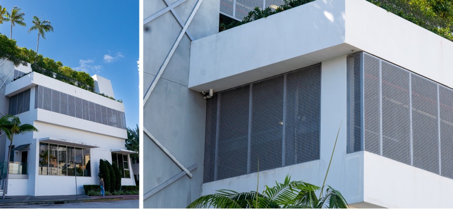 A collage of two Square Hole Perforated Metal application photos, highlighting its usage on a parking garage.