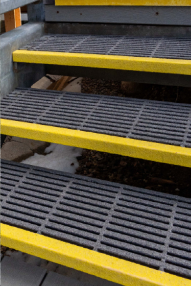 Gray Fiberglass Grating Stair Treads with yellow Nosing