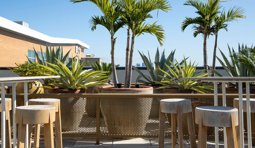 Image of a powder coated Perforated Metal railing on a rooftop restaurant.
