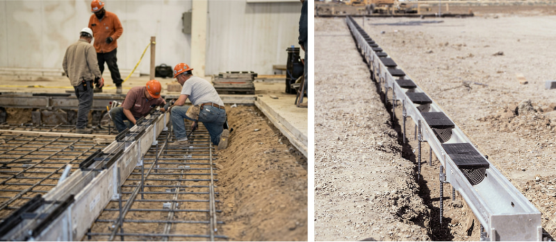 Photos show the installation process of the Presloped Trench Drain Systems.