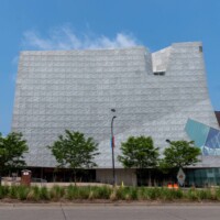 Angled view of Walker Art Center, Minneapolis, MN, with LANCET™ 31651-F Expanded Metal facade, geometric windows, and textured panels.